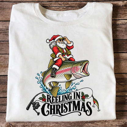 Reeling in Christmas Santa Rainbow Trout Fishing T-Shirt