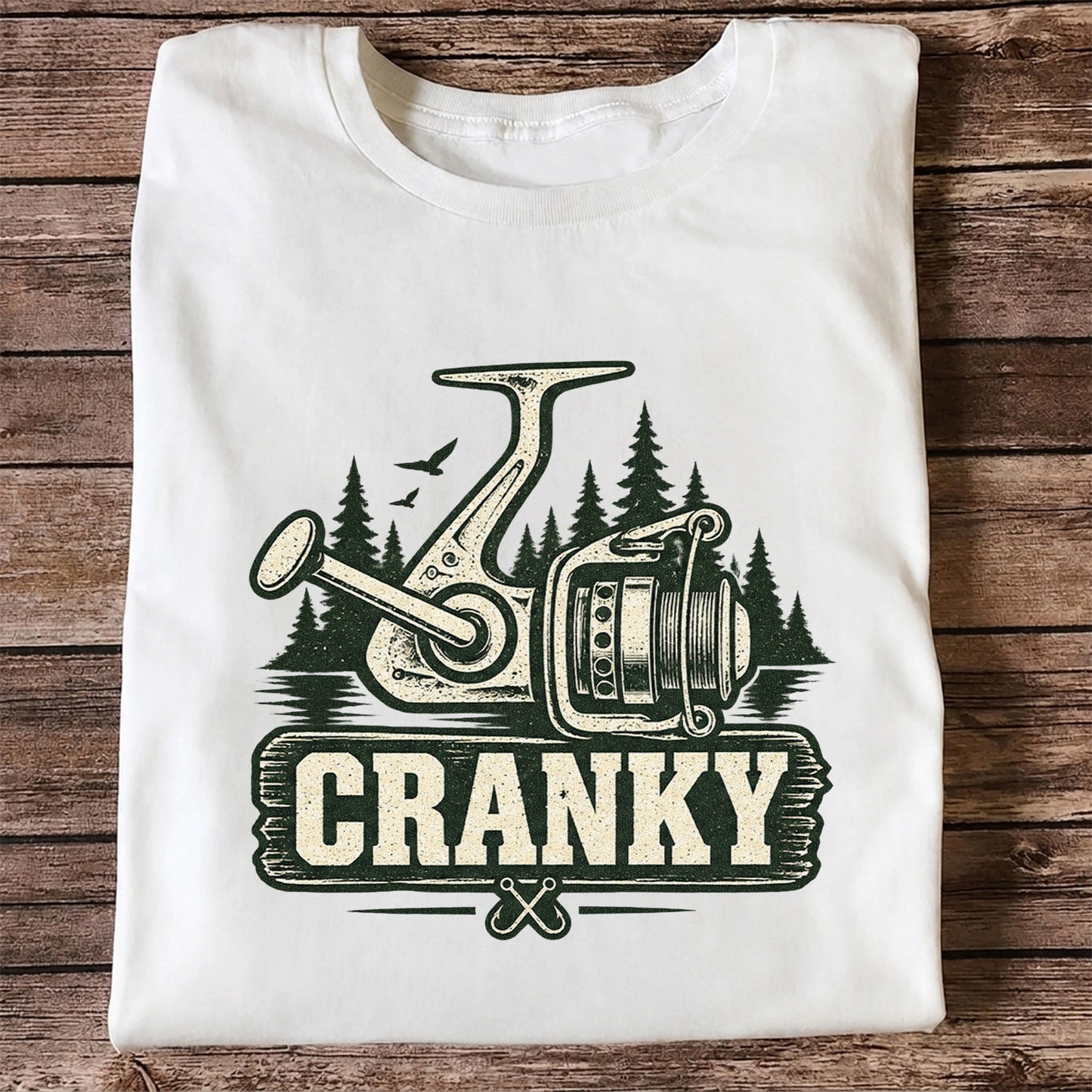 Cranky Vintage Spinning Reel Fishing Graphic T-Shirt