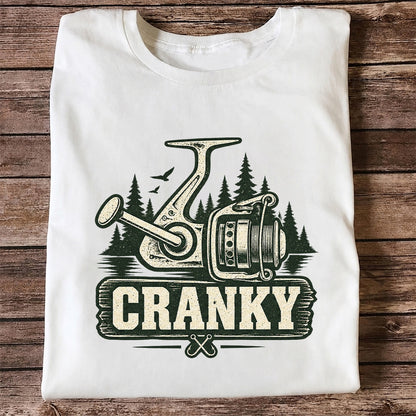 Cranky Vintage Spinning Reel Fishing Graphic T-Shirt