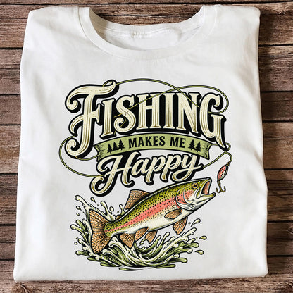 Fishing Makes Me Happy Rainbow Trout Vintage Graphic T-Shirt