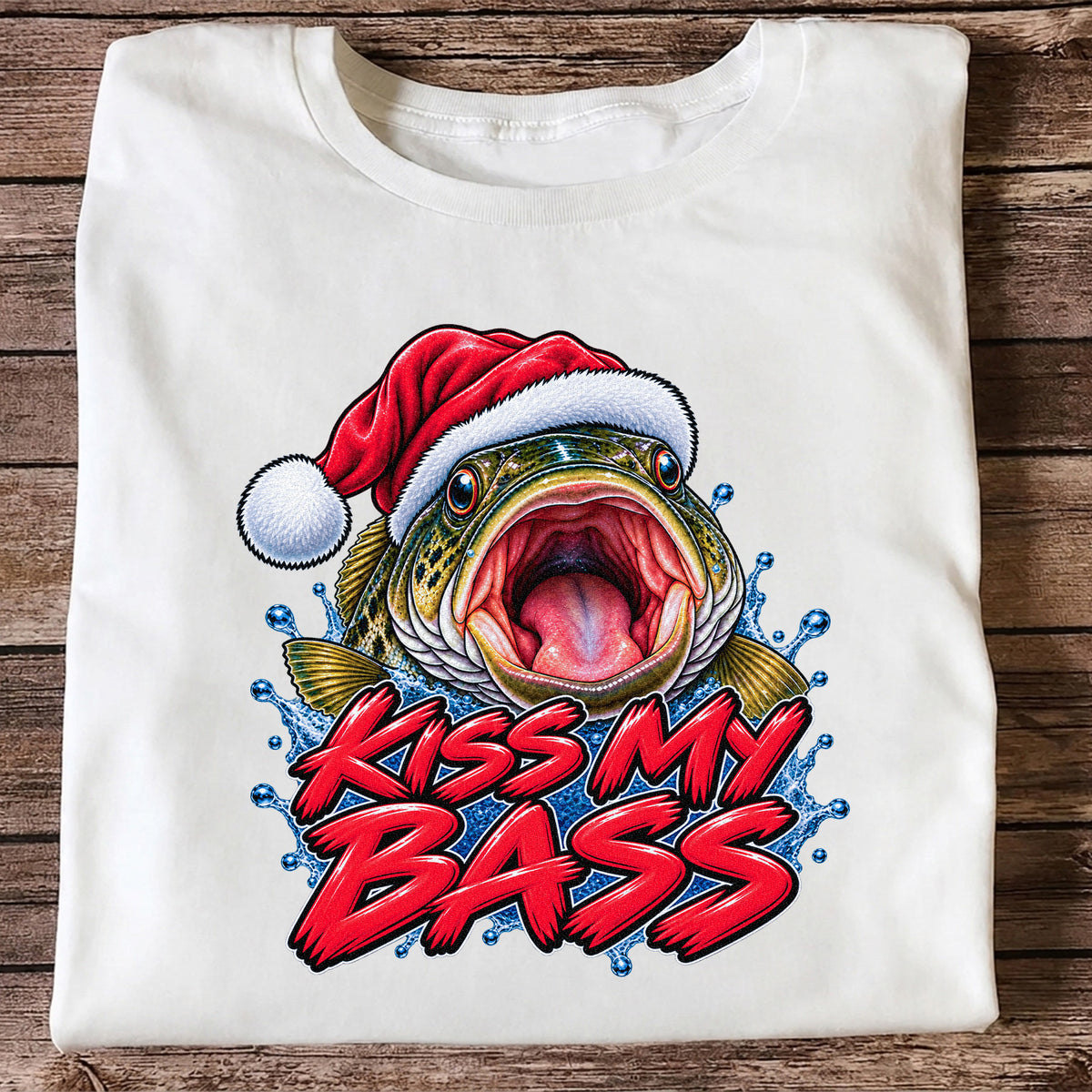 Kiss My Bass Santa Hat Funny Christmas Fishing T-Shirt
