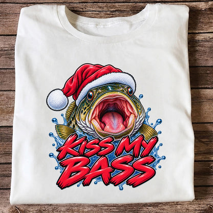 Kiss My Bass Santa Hat Funny Christmas Fishing T-Shirt