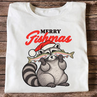 Santa Raccoon Holding Fish Christmas Fishing Graphic T-Shirt