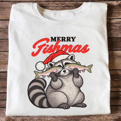 Santa Raccoon Holding Fish Christmas Fishing Graphic T-Shirt