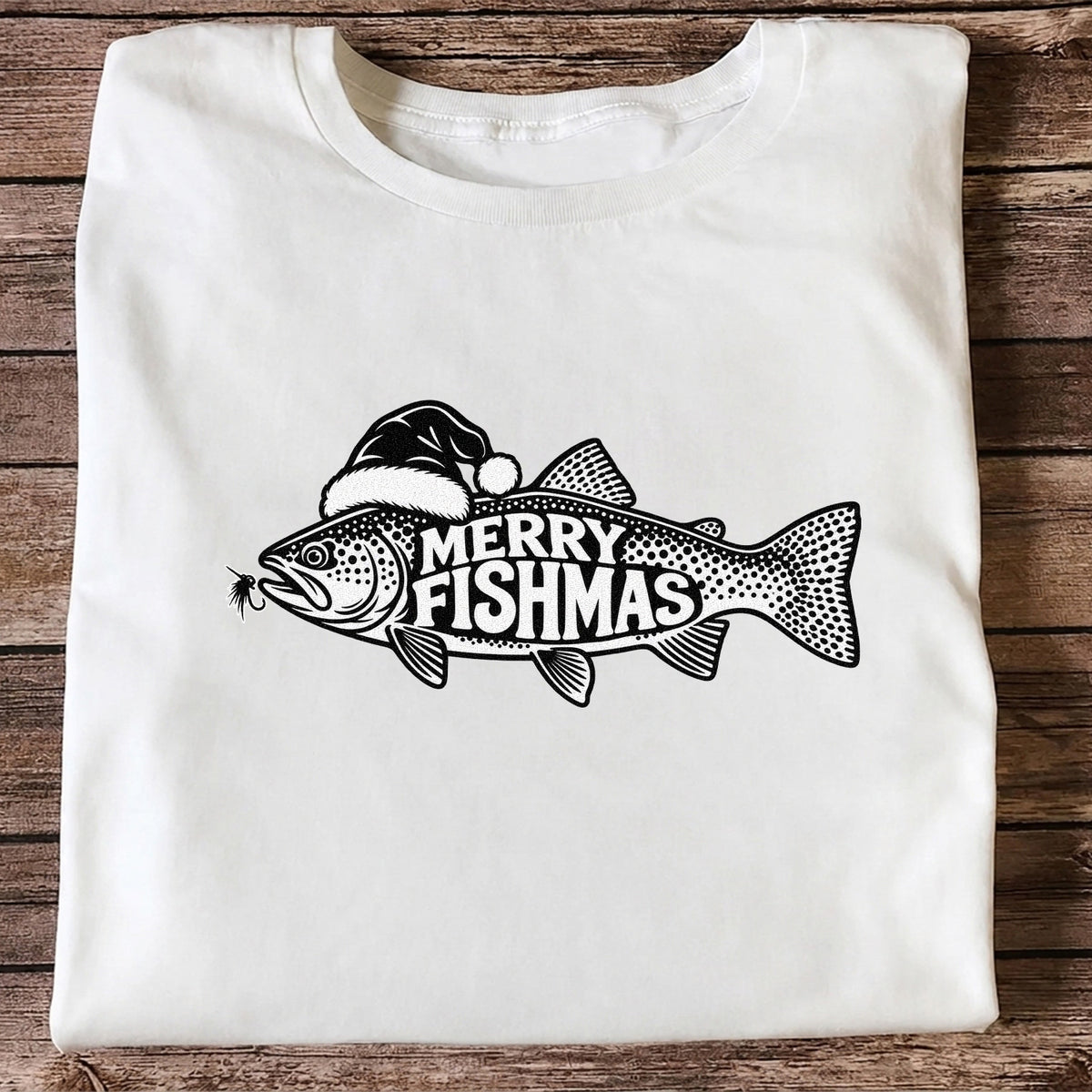 Merry Fishmas Black and White Trout Christmas Fishing T-Shirt