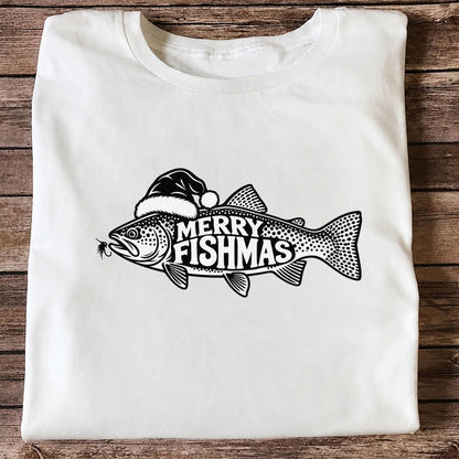 Merry Fishmas Black and White Trout Christmas Fishing T-Shirt