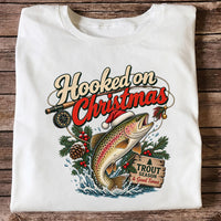 Hooked on Christmas Rainbow Trout in Santa Hat Fishing T-Shirt