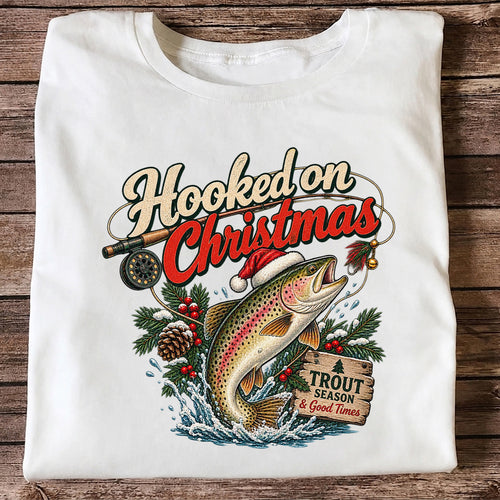 Hooked on Christmas Rainbow Trout in Santa Hat Fishing T-Shirt