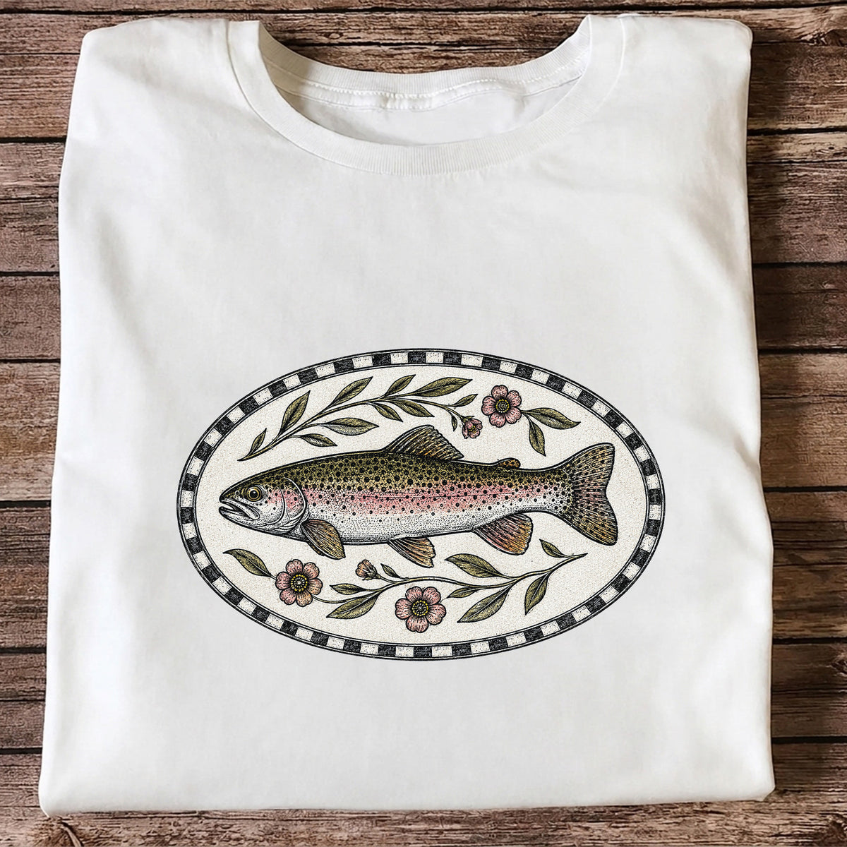 Vintage Floral Rainbow Trout Fishing Graphic T-Shirt