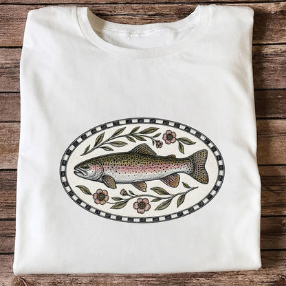 Vintage Floral Rainbow Trout Fishing Graphic T-Shirt