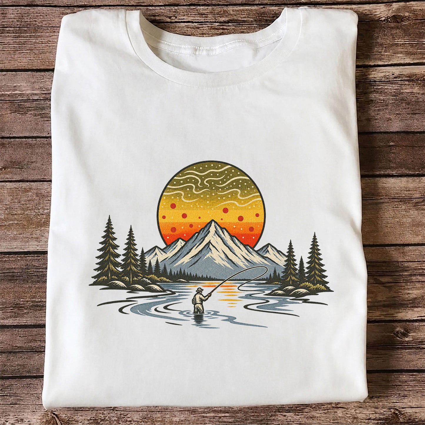 Mountain Sunset Fly Fishing Angler Graphic T-Shirt