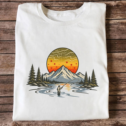 Mountain Sunset Fly Fishing Angler Graphic T-Shirt