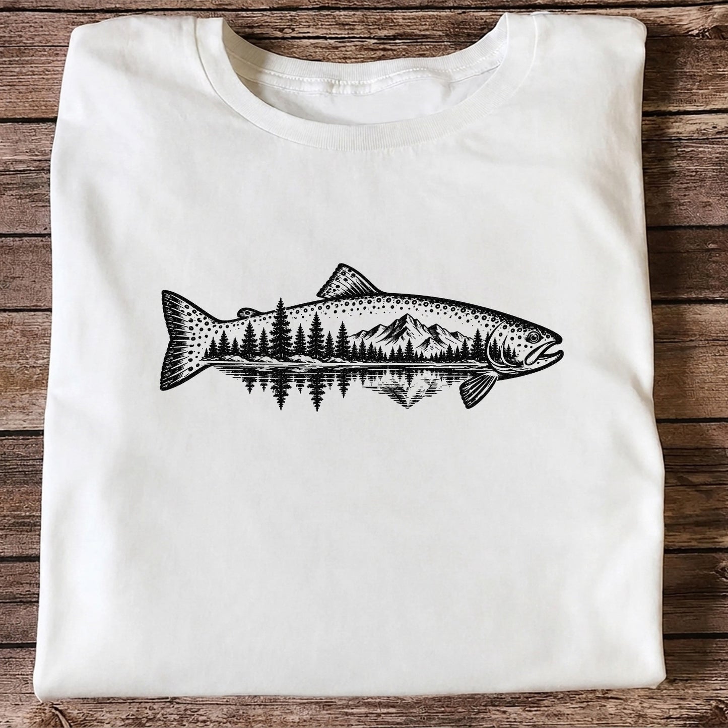 Trout Mountain Forest Reflection Fishing Graphic T-Shirt