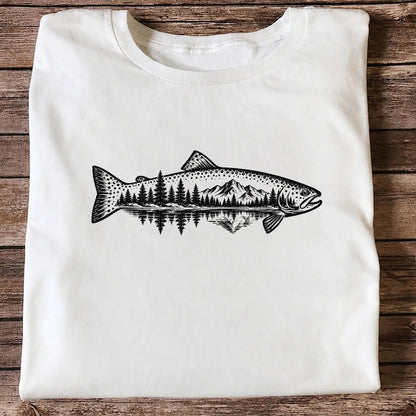 Trout Mountain Forest Reflection Fishing Graphic T-Shirt