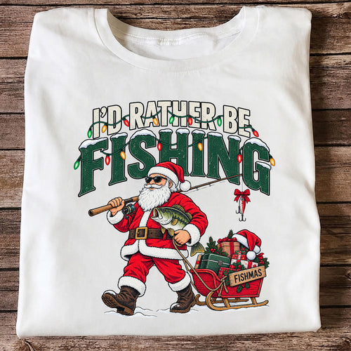 Santa Fishing with Bass Christmas Graphic T-Shirt