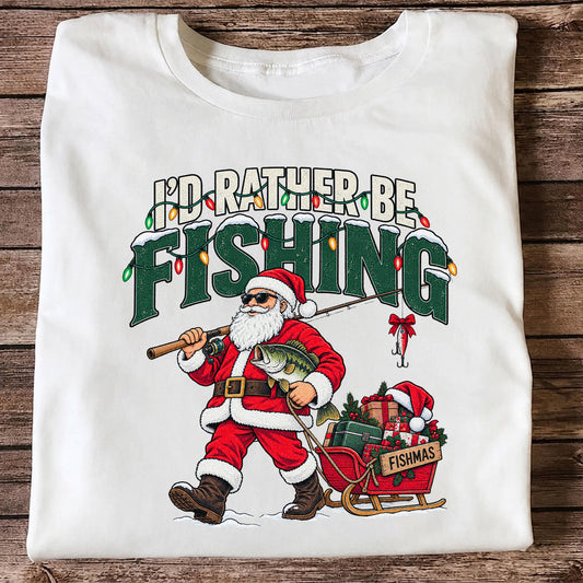Santa Fishing with Bass Christmas Graphic T-Shirt