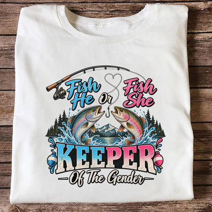 Fish He or Fish She Keeper of the Gender Rainbow Trout Fishing Gender Reveal T-Shirt