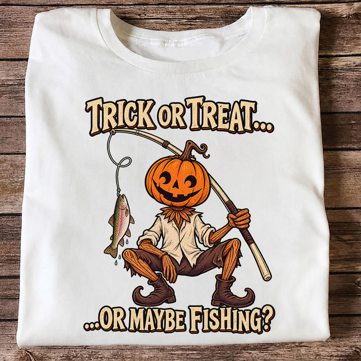 Trick or Treat Or Maybe Fishing Pumpkin Angler with Trout Halloween T-Shirt