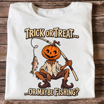 Trick or Treat Or Maybe Fishing Pumpkin Angler with Trout Halloween T-Shirt