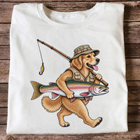 Golden Retriever Holding Rainbow Trout Fishing Graphic T-Shirt