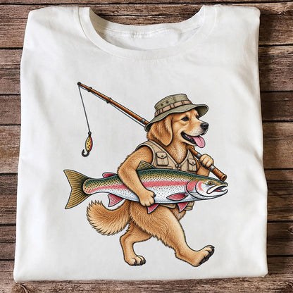 Golden Retriever Holding Rainbow Trout Fishing Graphic T-Shirt