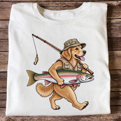 Golden Retriever Holding Rainbow Trout Fishing Graphic T-Shirt