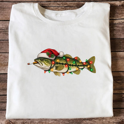 Christmas Bass Fishing Lights and Santa Hat Graphic T-Shirt