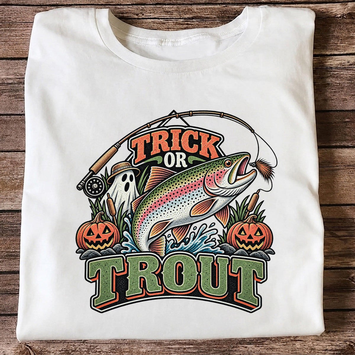 Trick or Trout Rainbow Trout Ghost and Pumpkins Halloween Fishing T-Shirt