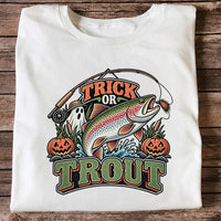 Trick or Trout Rainbow Trout Ghost and Pumpkins Halloween Fishing T-Shirt