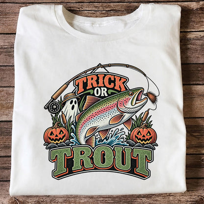 Trick or Trout Rainbow Trout Ghost and Pumpkins Halloween Fishing T-Shirt