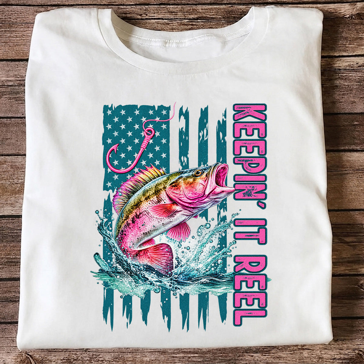 Keepin' It Reel Bass Fishing American Flag Graphic T-Shirt
