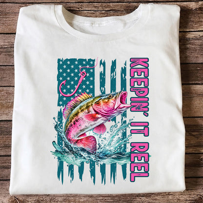 Keepin' It Reel Bass Fishing American Flag Graphic T-Shirt