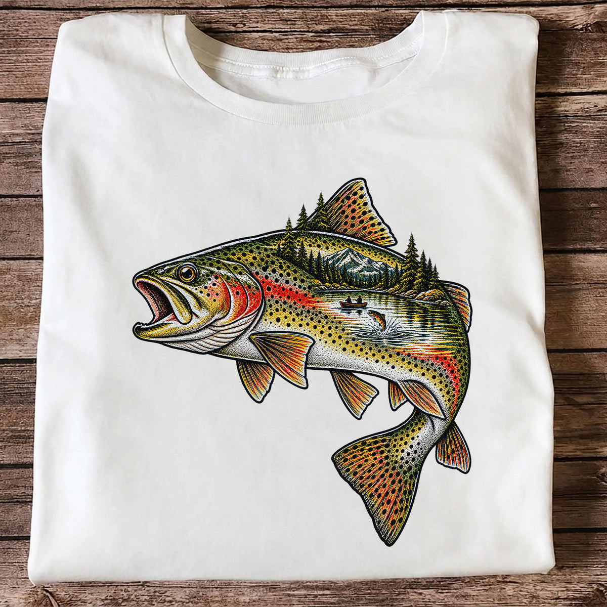 Rainbow Trout Mountain Lake Fishing Scene Graphic T-Shirt