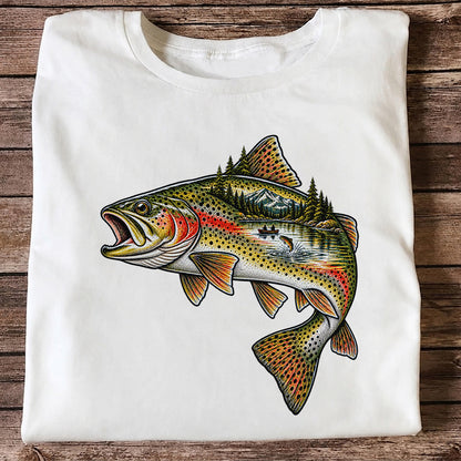 Rainbow Trout Mountain Lake Fishing Scene Graphic T-Shirt