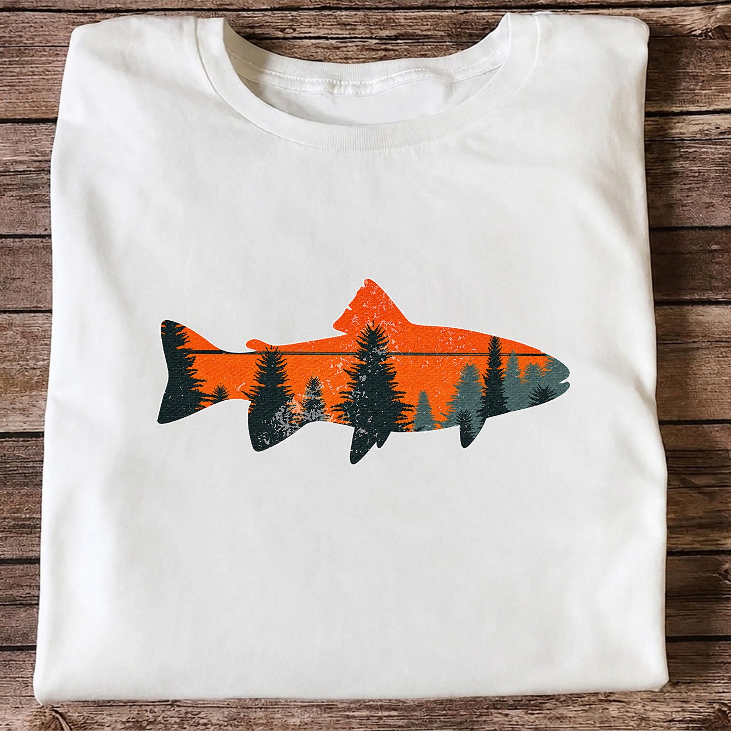 Trout with Mountain Sunset and Pine Forest Fishing Graphic T-Shirt