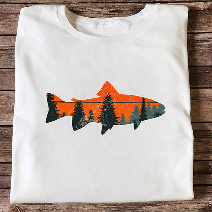 Trout with Mountain Sunset and Pine Forest Fishing Graphic T-Shirt