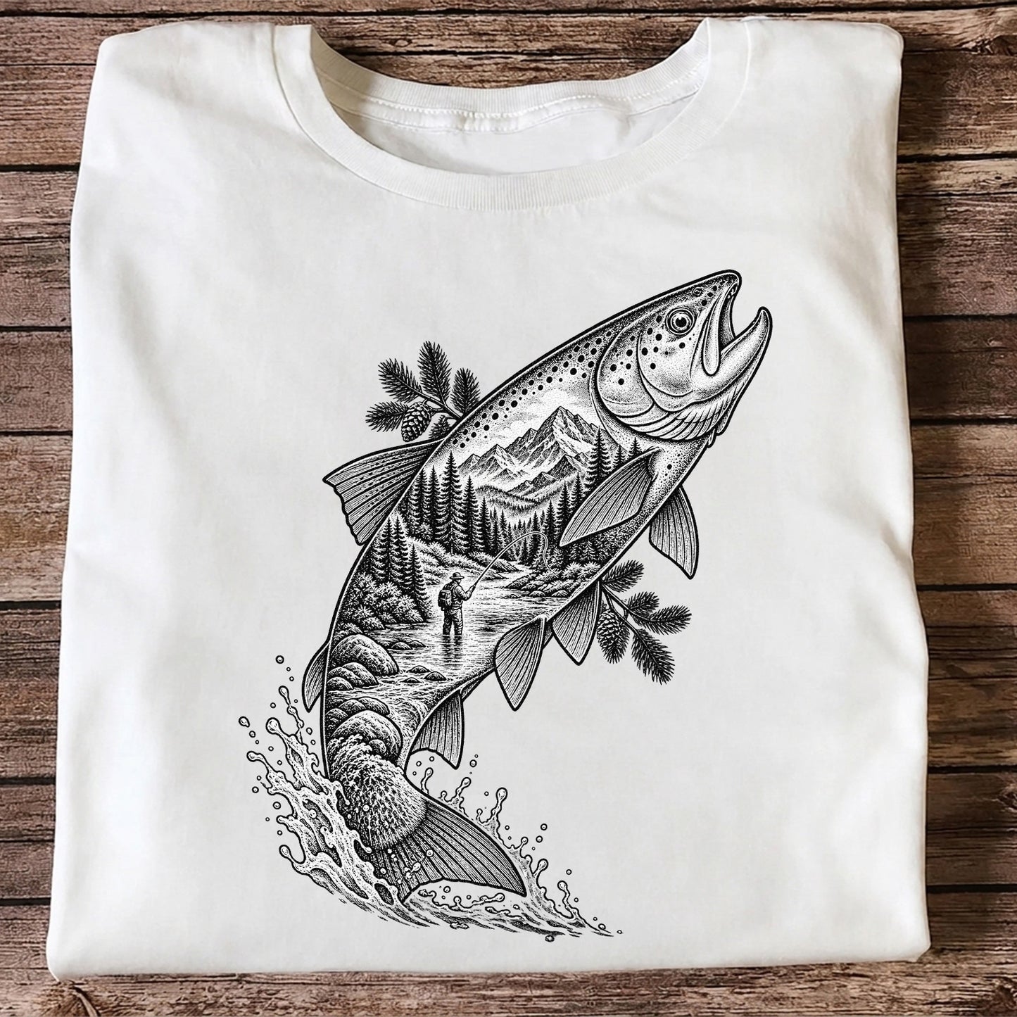 Leaping Trout with Mountain River and Angler Fishing Graphic T-Shirt