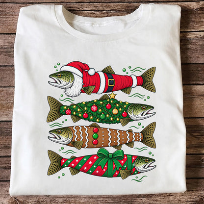 Christmas Trout Santa Tree and Gift Wrap Fishing T-Shirt