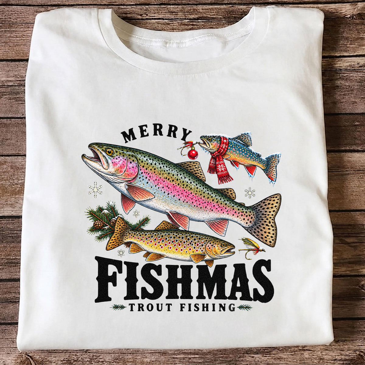 Merry Fishmas Trout Fishing Christmas Graphic T-Shirt