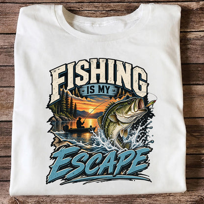 Fishing Is My Escape Jumping Bass and Sunset Lake Graphic T-Shirt