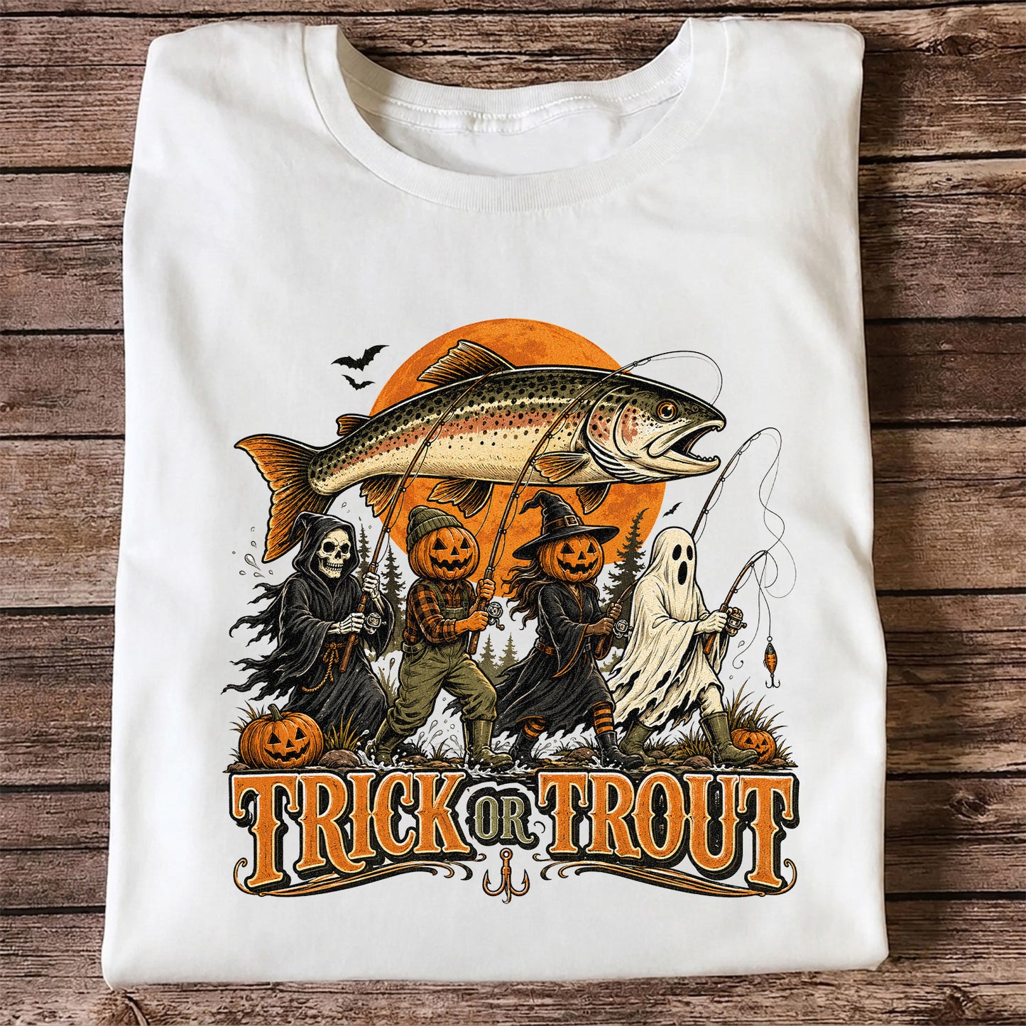 Trick or Trout Halloween Fishing T-Shirt, Vintage Trout Angler Tee