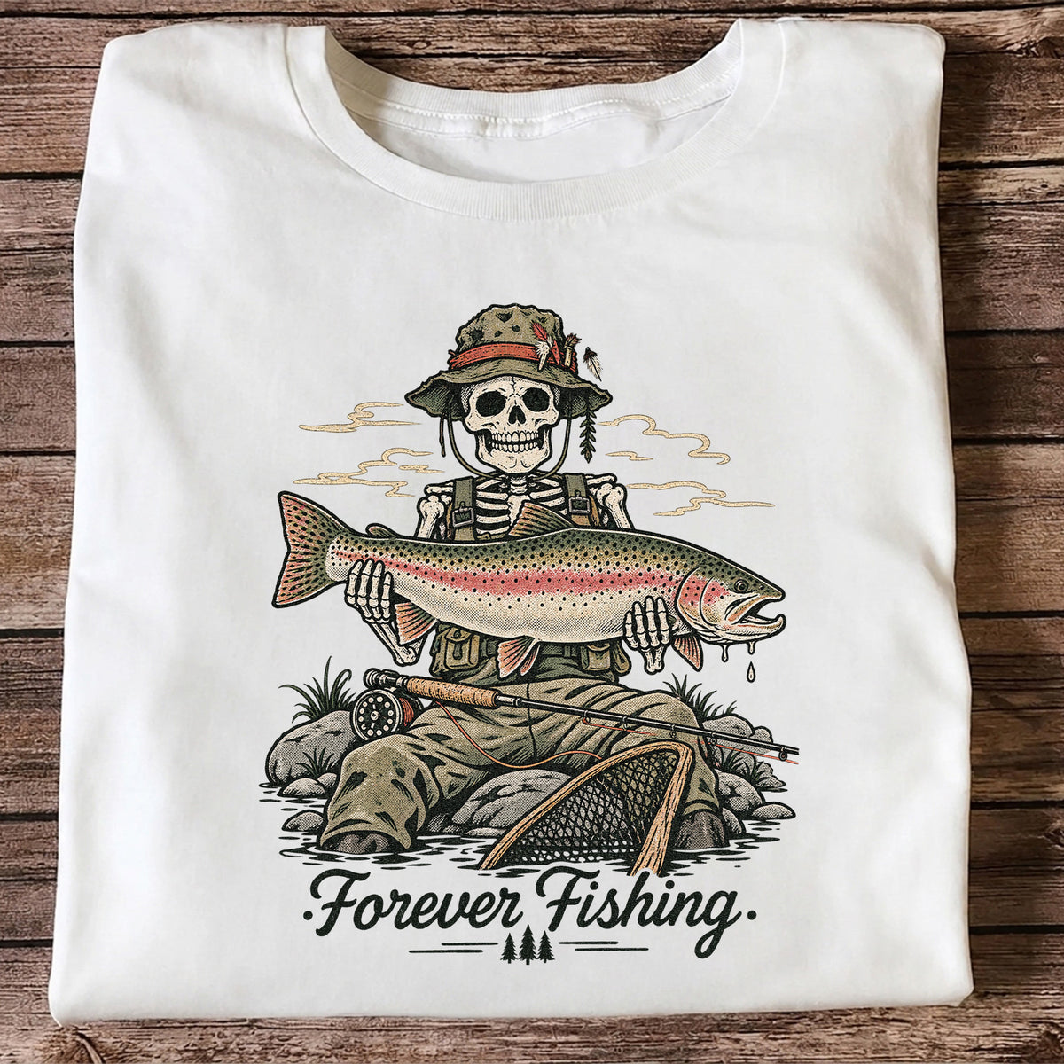 Forever Fishing Skeleton Holding Rainbow Trout Graphic T-Shirt