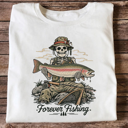 Forever Fishing Skeleton Holding Rainbow Trout Graphic T-Shirt