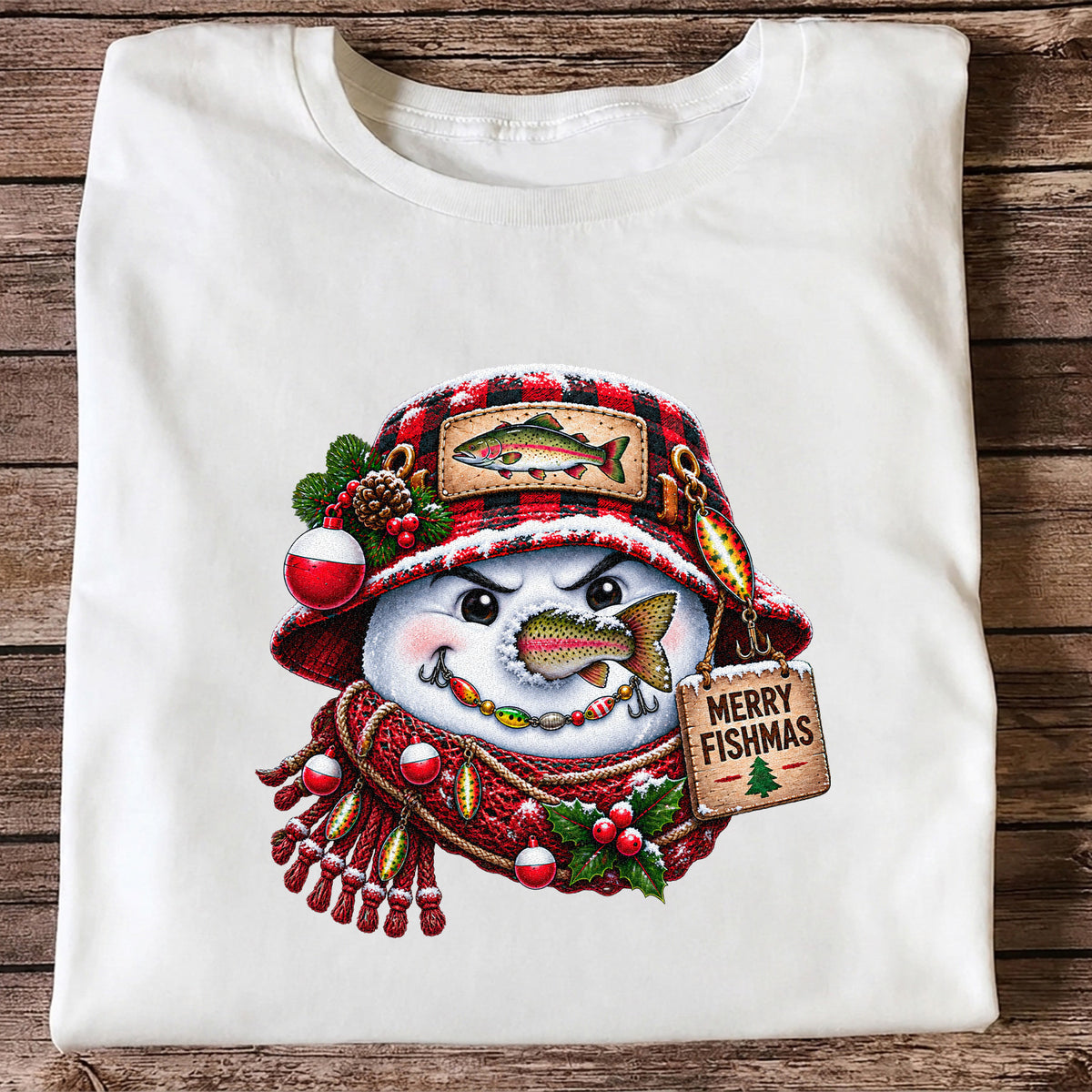 Merry Fishmas Snowman with Rainbow Trout Christmas Fishing T-Shirt