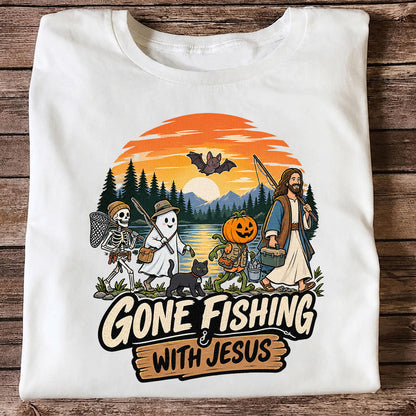 Gone Fishing with Jesus Skeleton Ghost and Pumpkin Halloween Fishing T-Shirt