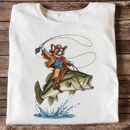 French Bulldog Cowboy Riding a Bass Fishing Graphic T-Shirt