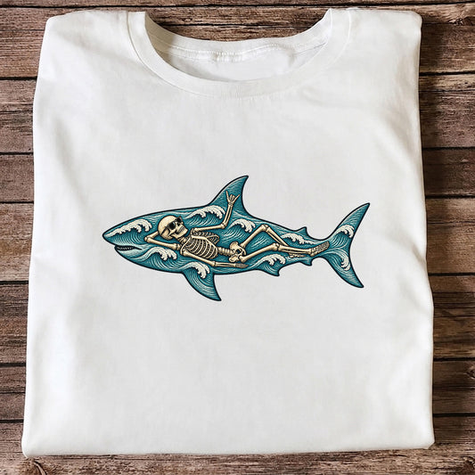 Skeleton Lounging Inside Ocean Wave Shark Graphic T-Shirt