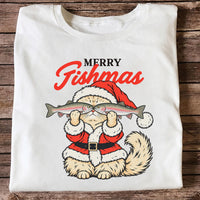 Santa Cat Holding Trout Merry Christmas Fishing T-Shirt