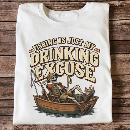 Fishing Is Just My Drinking Excuse Skeleton Angler T-Shirt
