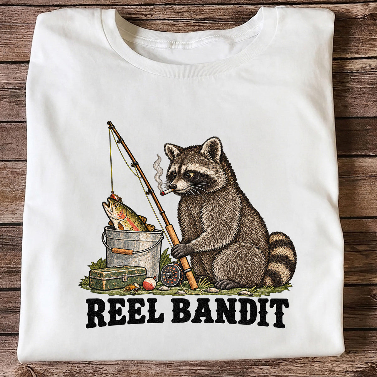 Reel Bandit Smoking Raccoon with Fishing Rod Funny T-Shirt